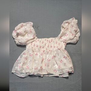 Floral Smocked Peasant Top - Cream with Pink Flowers